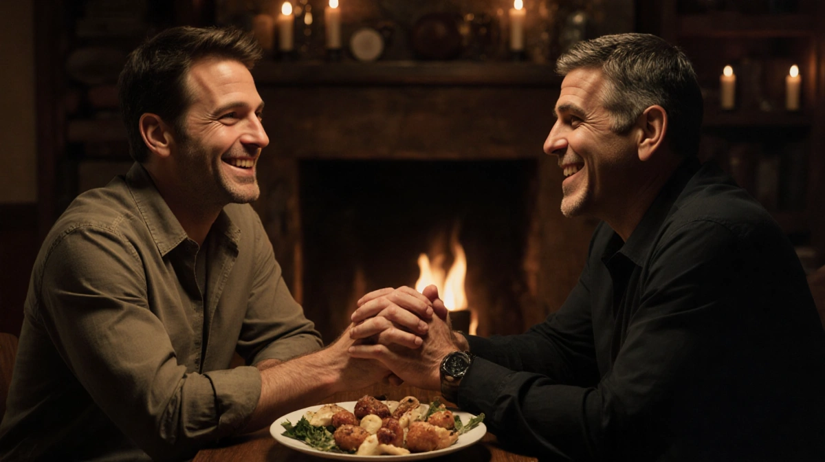 Noah Wyle and George Clooney sharing appetizers and laughter at candlelit dinner table with rustic fireplace behind