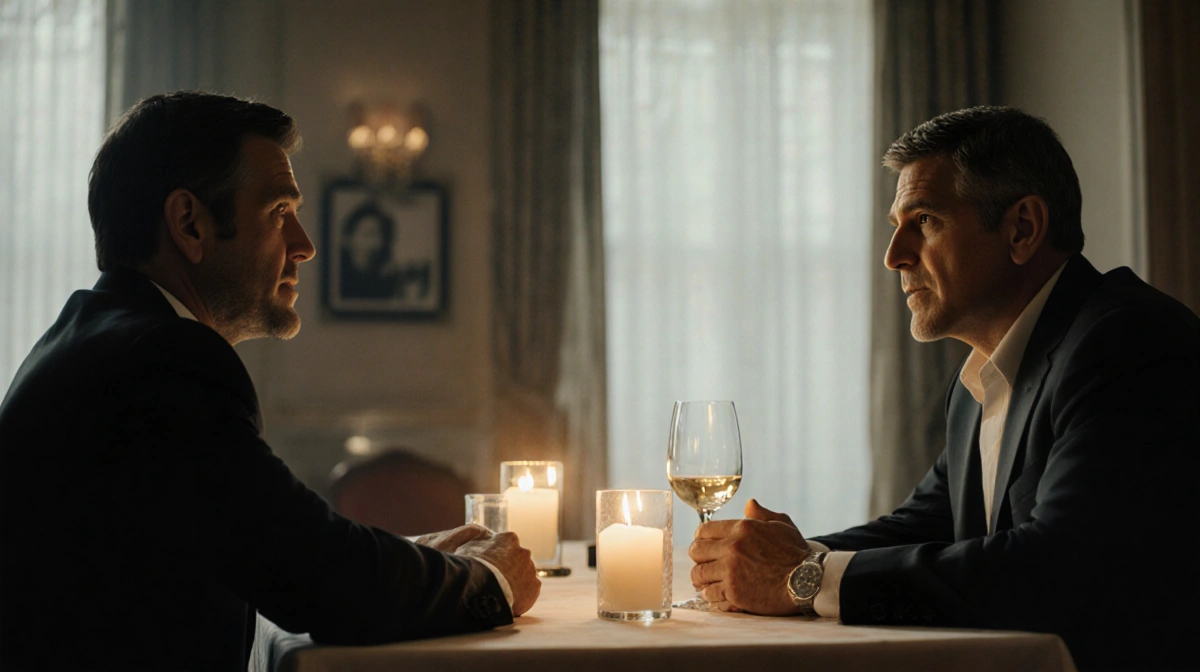 Noah Wyle and George Clooney dining together with warm candlelight showing their friendship