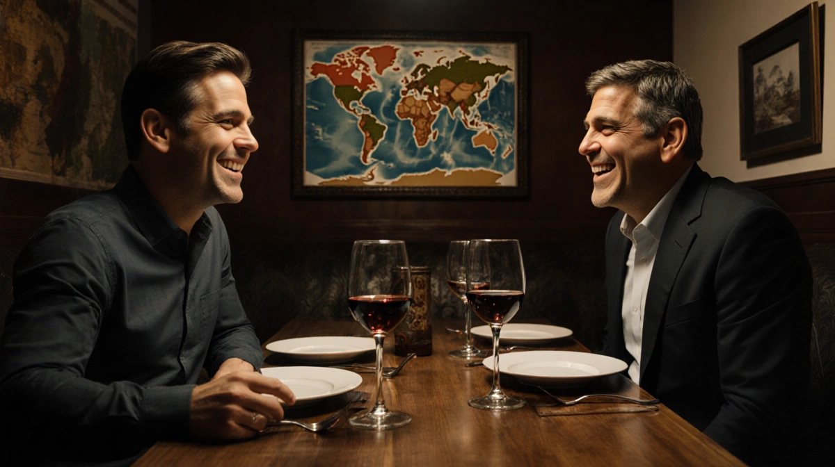 Noah Wyle and George Clooney laughing together at dinner with wine glasses and maps hinting at their global connection