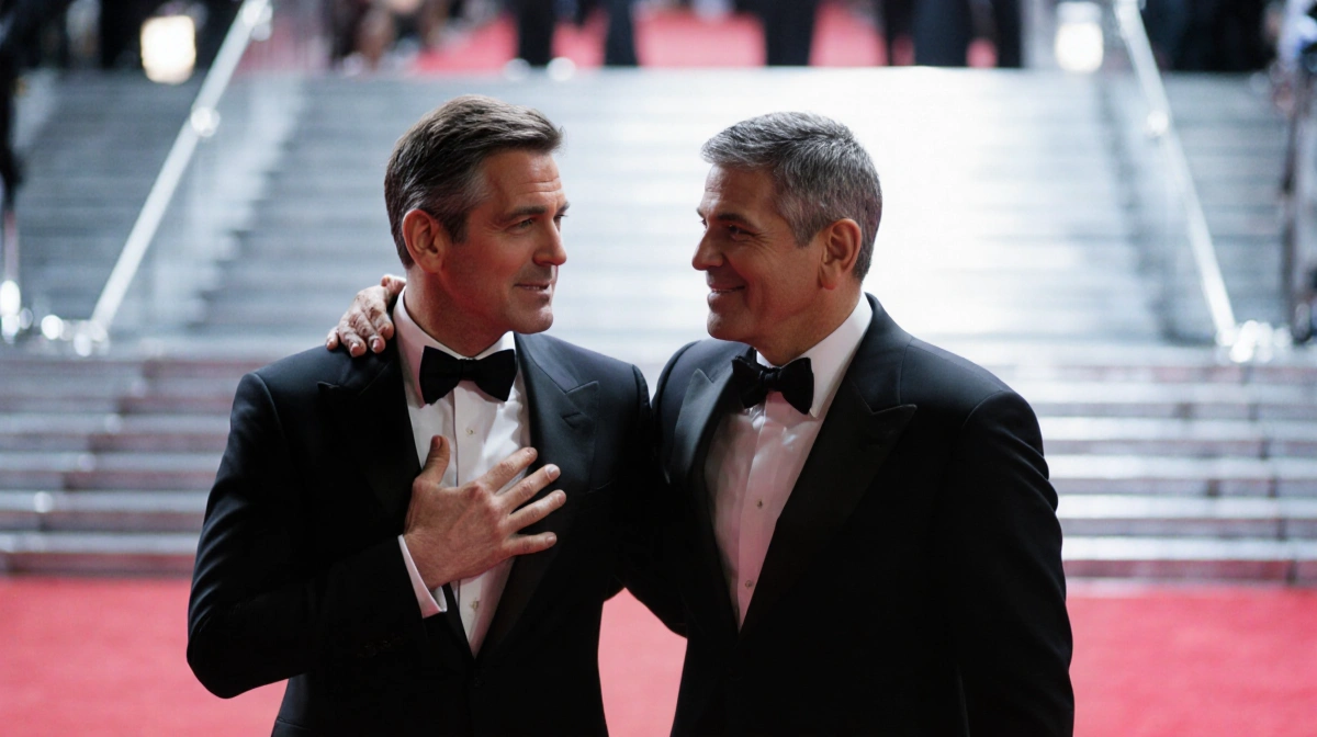 Noah Wyle and George Clooney standing together on red carpet with hands touching and flashbulbs glowing behind them