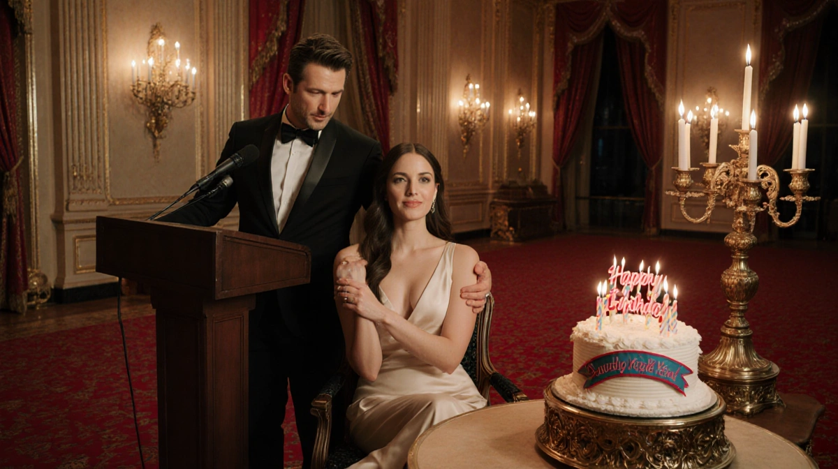 Noah Wyle speaking at podium with arm around wife Sara Wells and birthday cake nearby