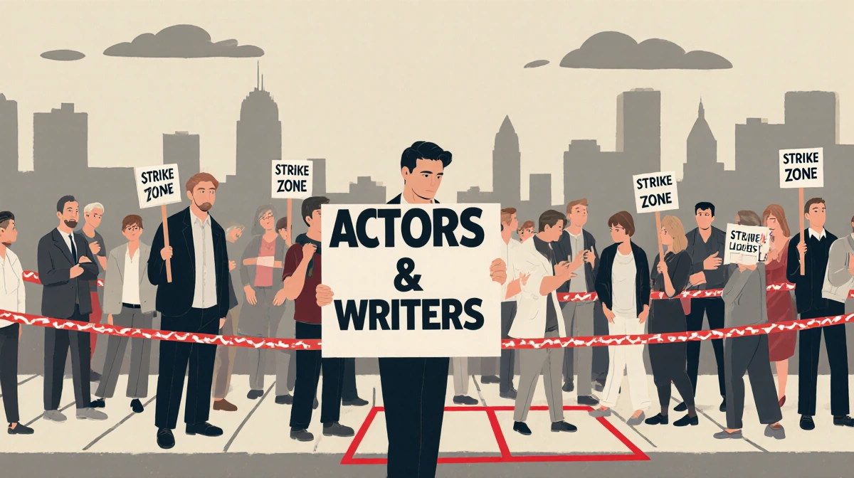 Noah Wyle picketing with actors and writers strike sign and red strike zone background