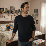 Noah Wyle standing in a nostalgic childhood bedroom with old toys and an unopened toy box.