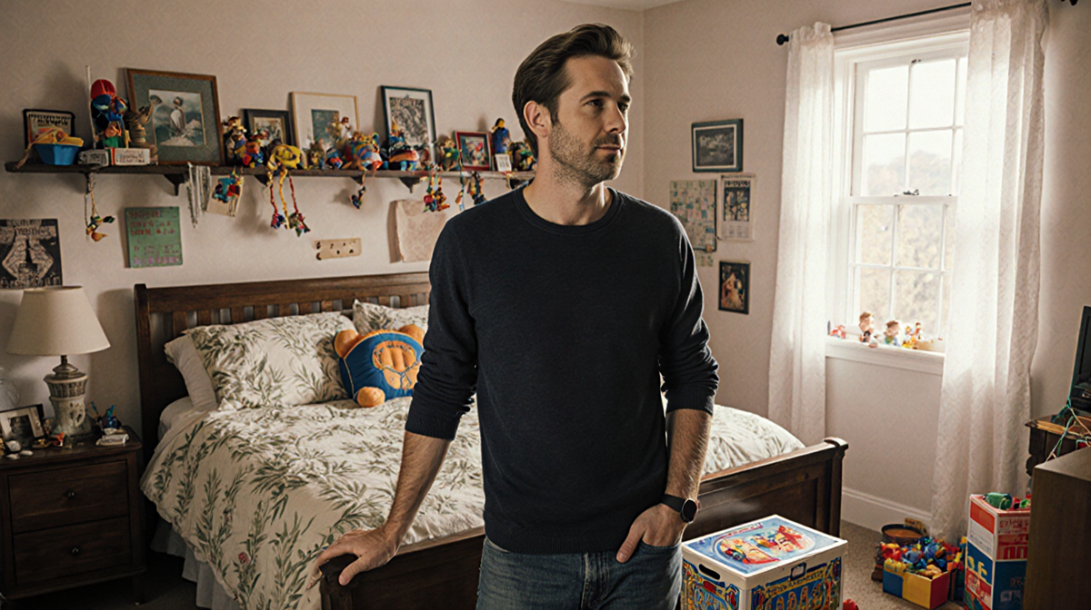Noah Wyle standing in a nostalgic childhood bedroom with old toys and an unopened toy box.