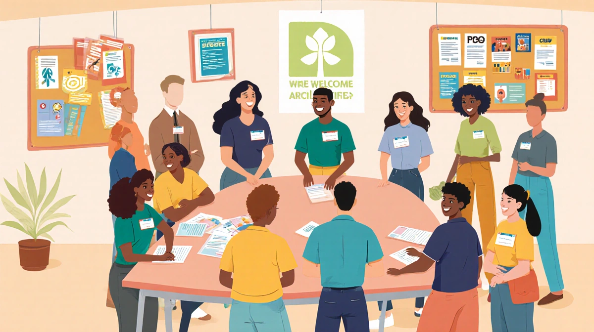 Diverse nonprofit team members sharing flyers and posters at welcoming reception table with name tags and community notices