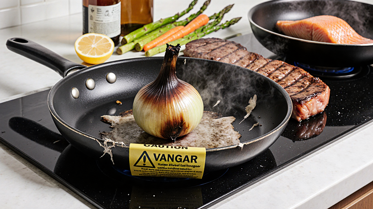 Nonstick pan holding charred onion with cracked surface and caution tape while raw steak and salmon rest on stovetop