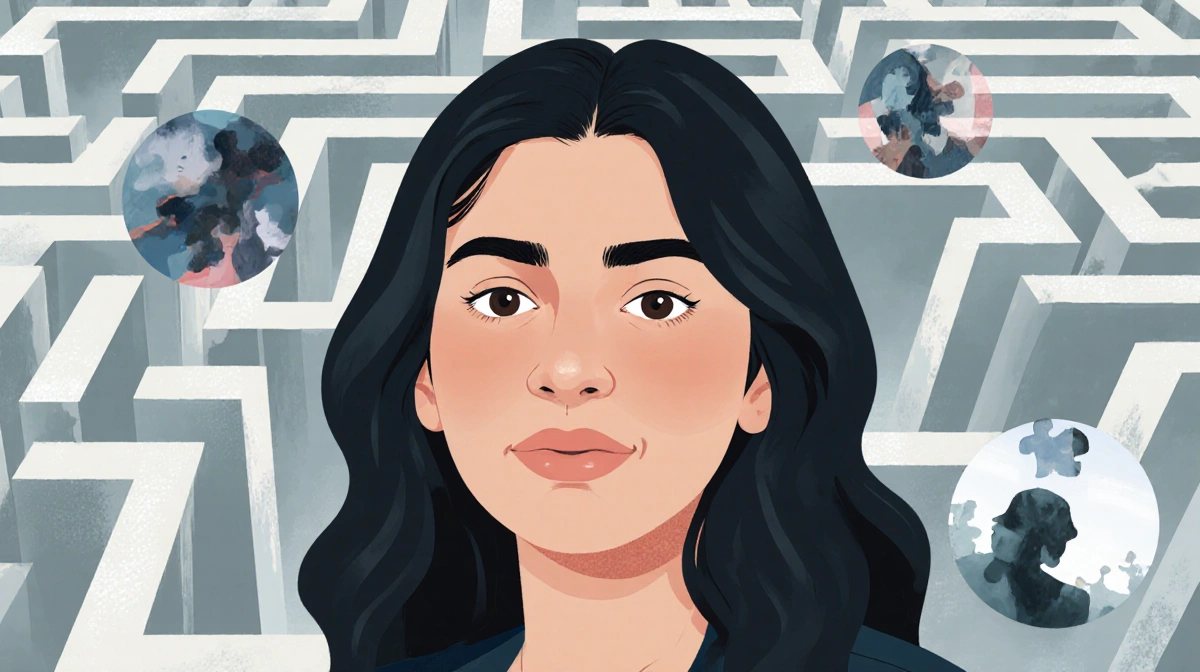 Noor Pervez smiles gently with autism spectrum symbols and layered textures creating inclusive representation