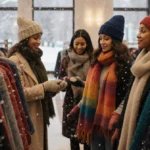 Women browse affordable winter fashion with colorful scarves and hats draped over their arms near snowy windows