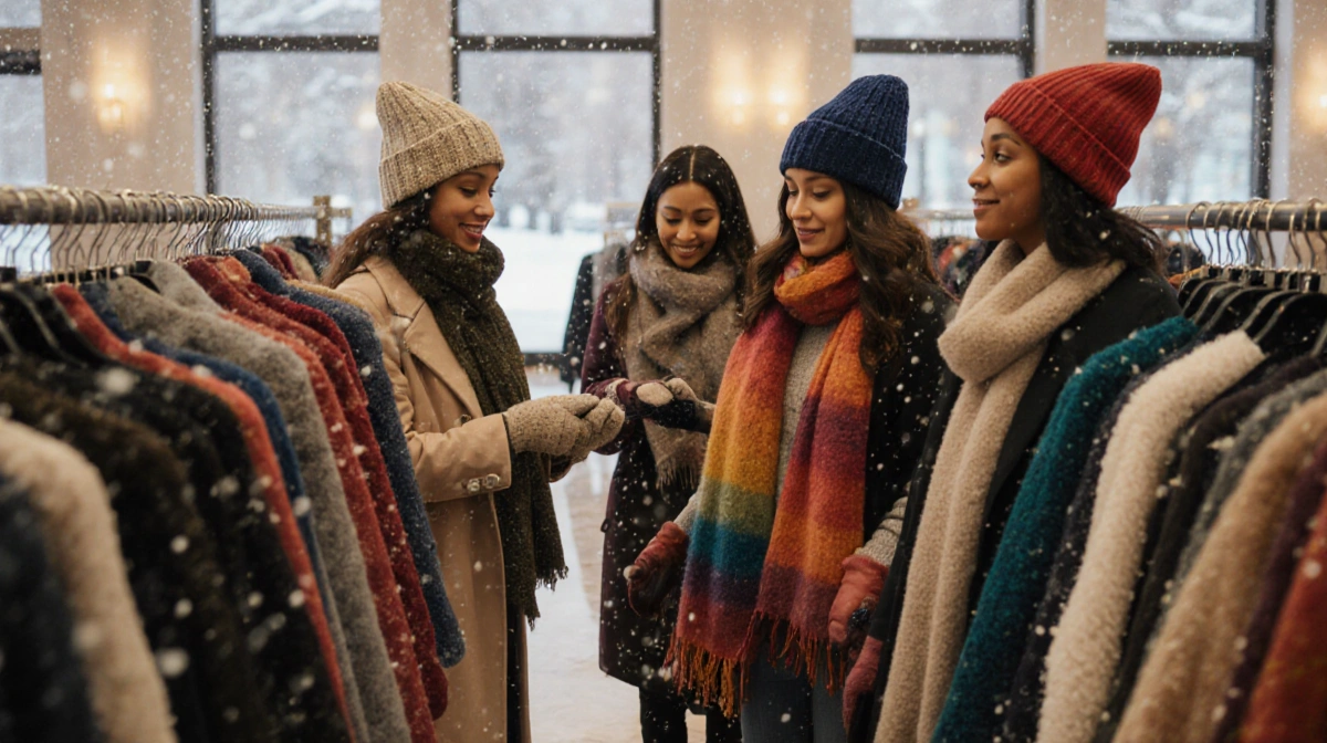 Women browse affordable winter fashion with colorful scarves and hats draped over their arms near snowy windows