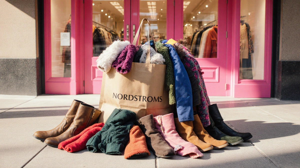 Shopping bag spills winter coats and boots onto sidewalk with pink Nordstrom door and striped awning behind