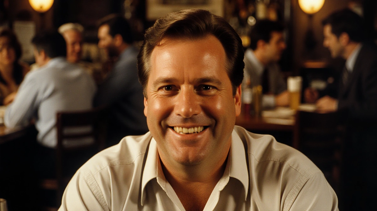 Norm Peterson smiling warmly at the bar with Cheers patrons talking behind him and golden lighting highlighting his friendly