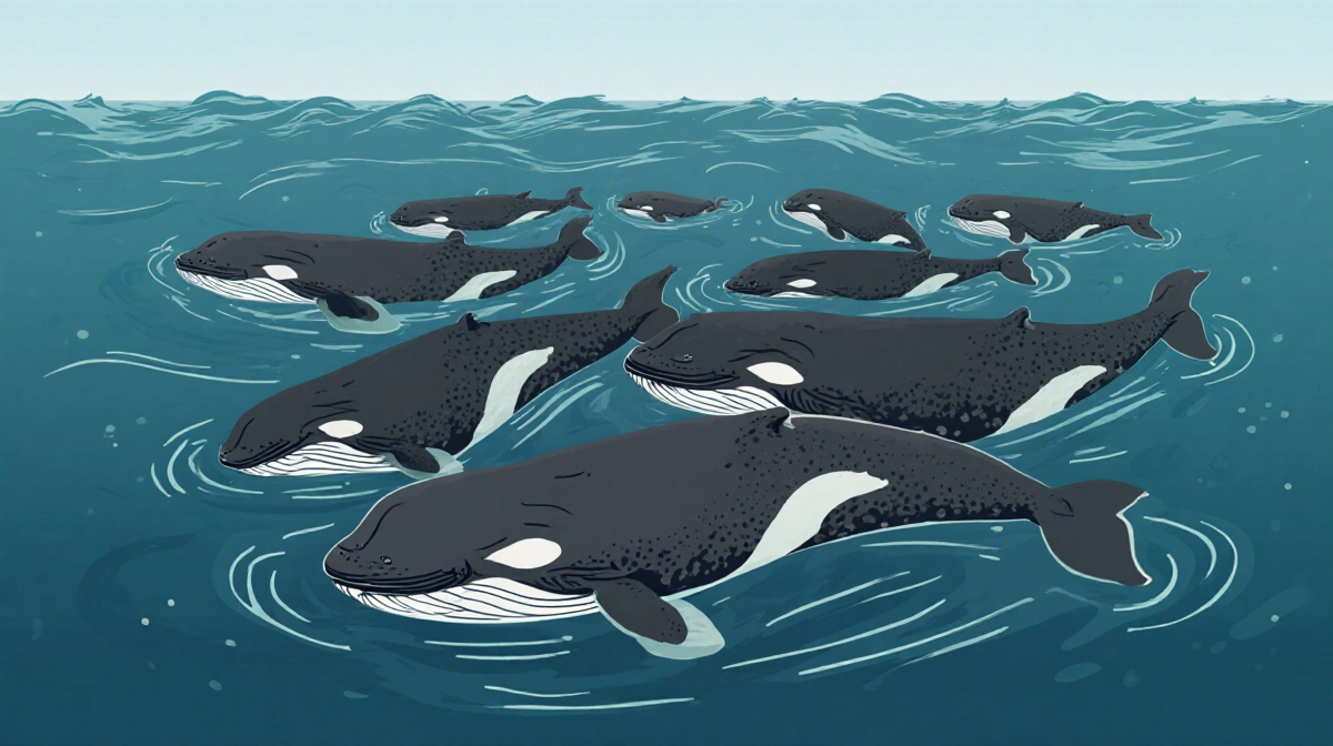 North Atlantic right whales swimming together with distinctive white patches on fins and mottled gray-brown bodies showing th