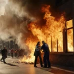 Woman being treated by paramedics near burning North Hills building with firefighters rushing to scene and smoke billowing ov