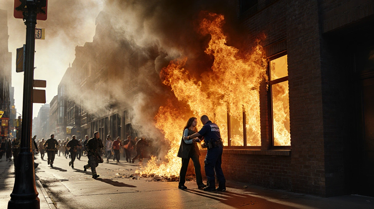 Woman being treated by paramedics near burning North Hills building with firefighters rushing to scene and smoke billowing ov