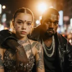 North West poses confidently with tattoos and piercings while Kanye West embraces her shoulder with neon lights behind