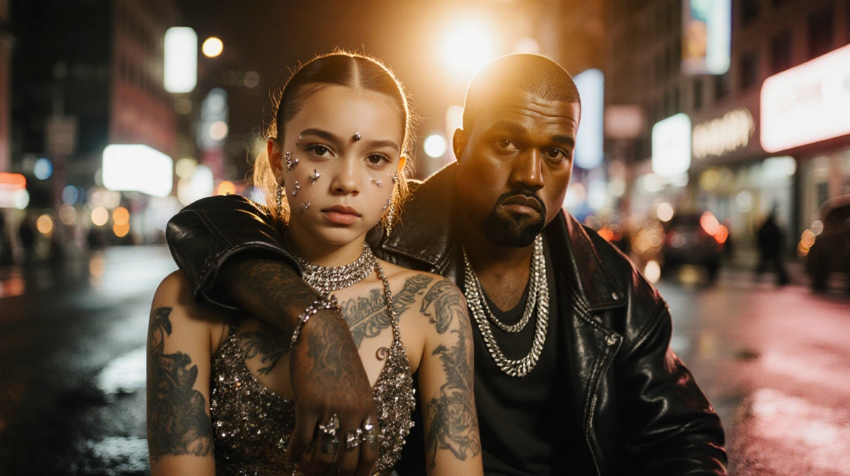 North West poses confidently with tattoos and piercings while Kanye West embraces her shoulder with neon lights behind