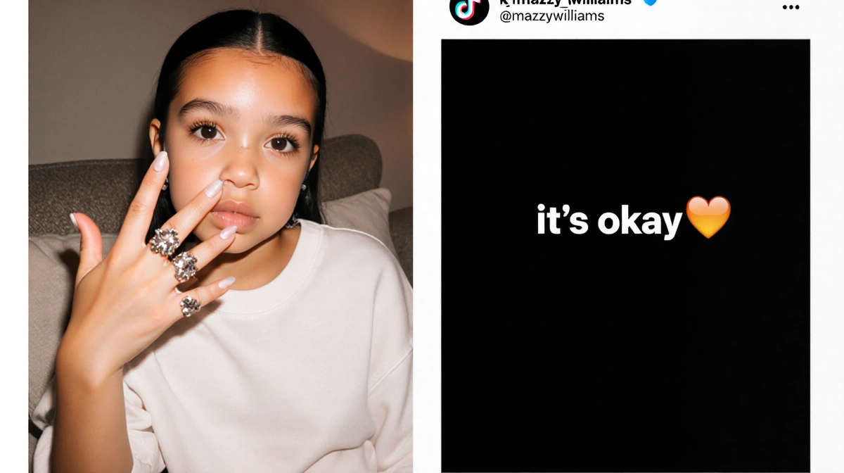 North West sitting on couch with three finger piercings and TikTok response overlay showing comfort