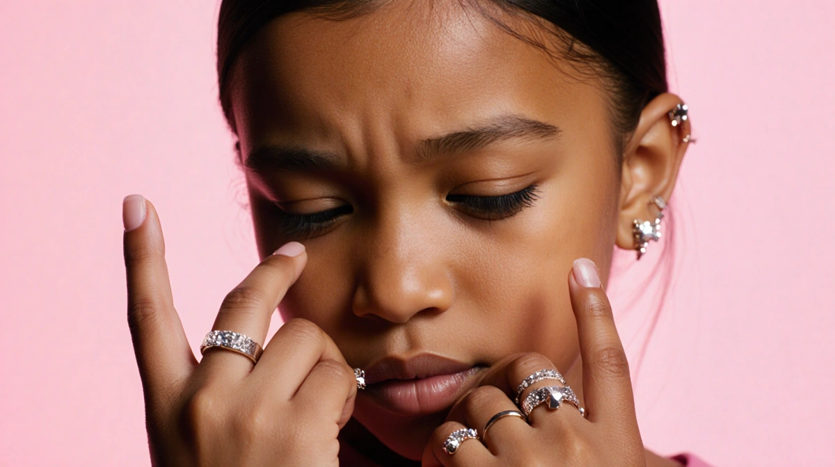North West looking down with finger piercings and defiant expression against soft pink background