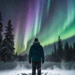 Person gazing up at Northern Lights with green and blue aurora curtains and crescent moon above snow-covered evergreens