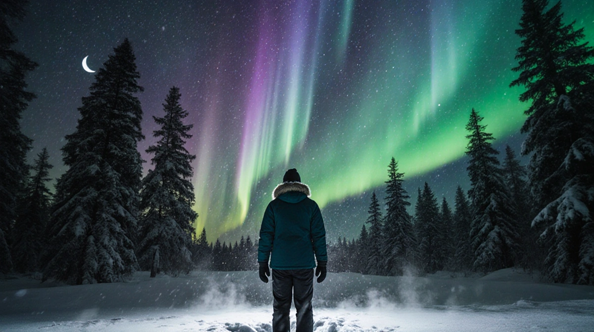 Person gazing up at Northern Lights with green and blue aurora curtains and crescent moon above snow-covered evergreens
