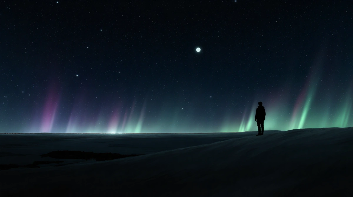 Lone figure gazes northward with faint aurora lights dancing on the horizon and stars twinkling overhead