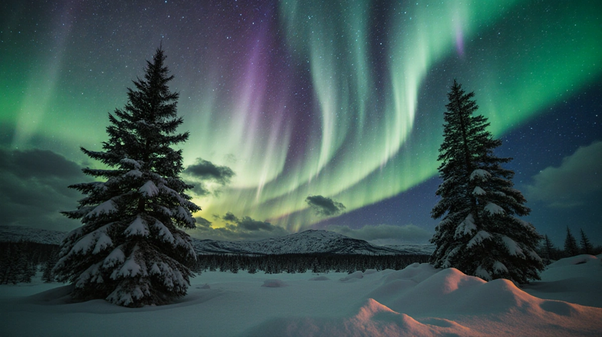 Northern Lights dancing across winter sky with snow-covered pine trees and colorful aurora borealis reflecting on ground