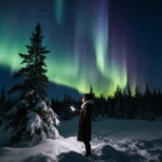 Person gazing up at Northern Lights with green and blue aurora dancing over snowy forest and phone glowing