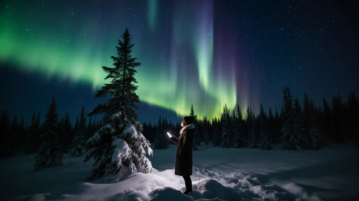 Person gazing up at Northern Lights with green and blue aurora dancing over snowy forest and phone glowing