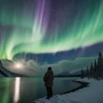 Lone figure watching northern lights dance above lake with snow-covered trees and moonlit mountains