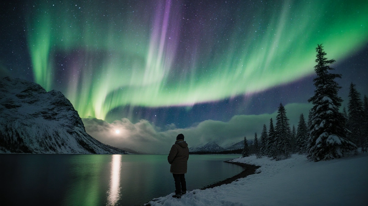 Lone figure watching northern lights dance above lake with snow-covered trees and moonlit mountains