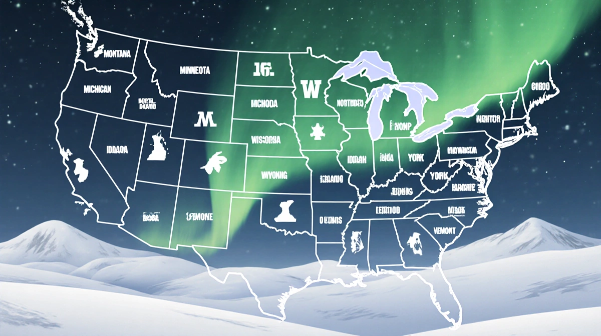 Map table shows northern states with aurora borealis hints over snowy landscape and state icons