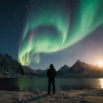 Lone hiker watches northern lights above mountains with frozen lake and sunset glow