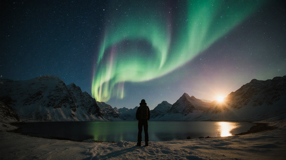 Lone hiker watches northern lights above mountains with frozen lake and sunset glow