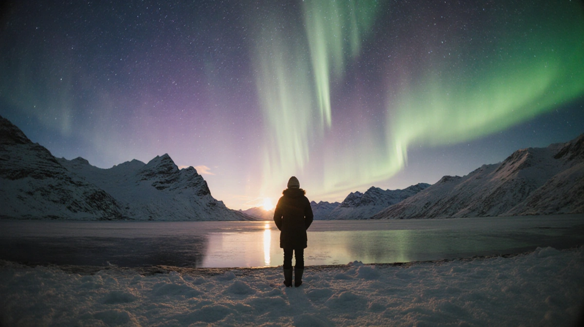 Person standing by frozen lake watching Northern Lights with snow mountains and golden sunset glow
