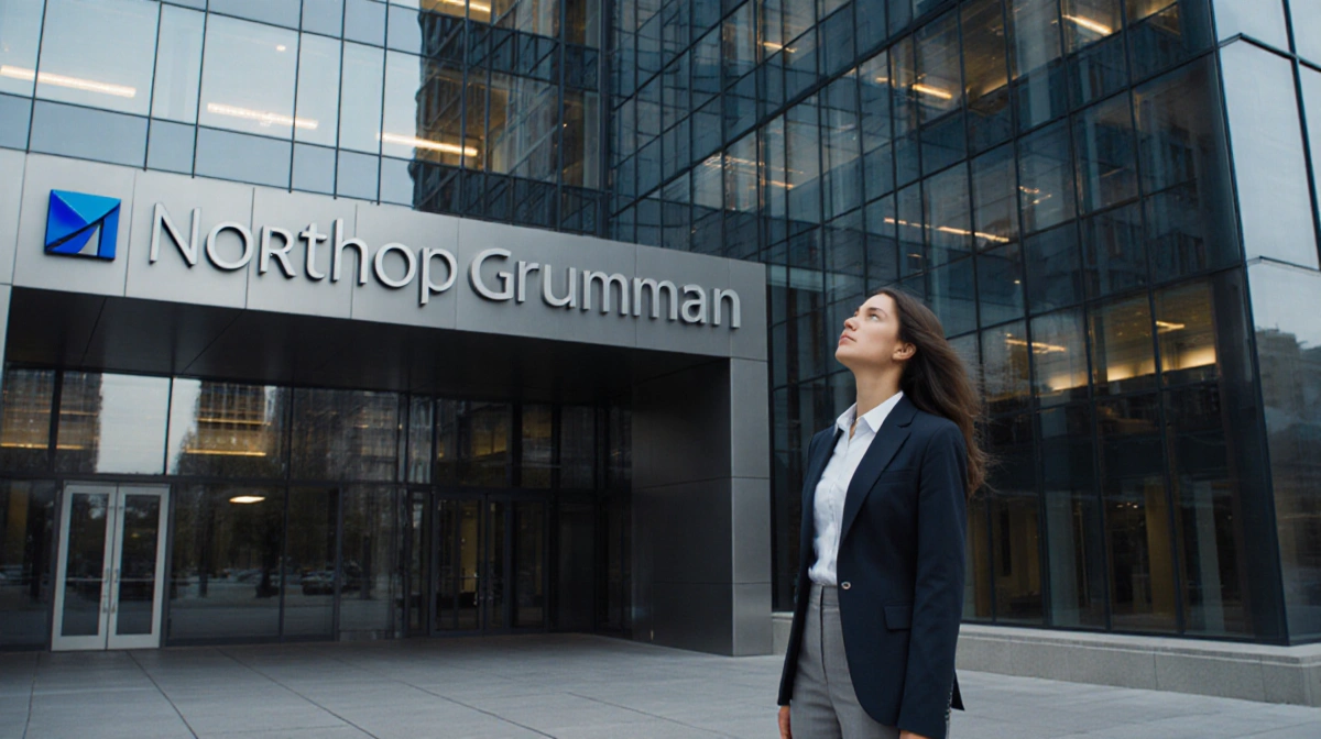 Professional woman stands confidently near Northrop Grumman headquarters with blue silver logo showing innovation