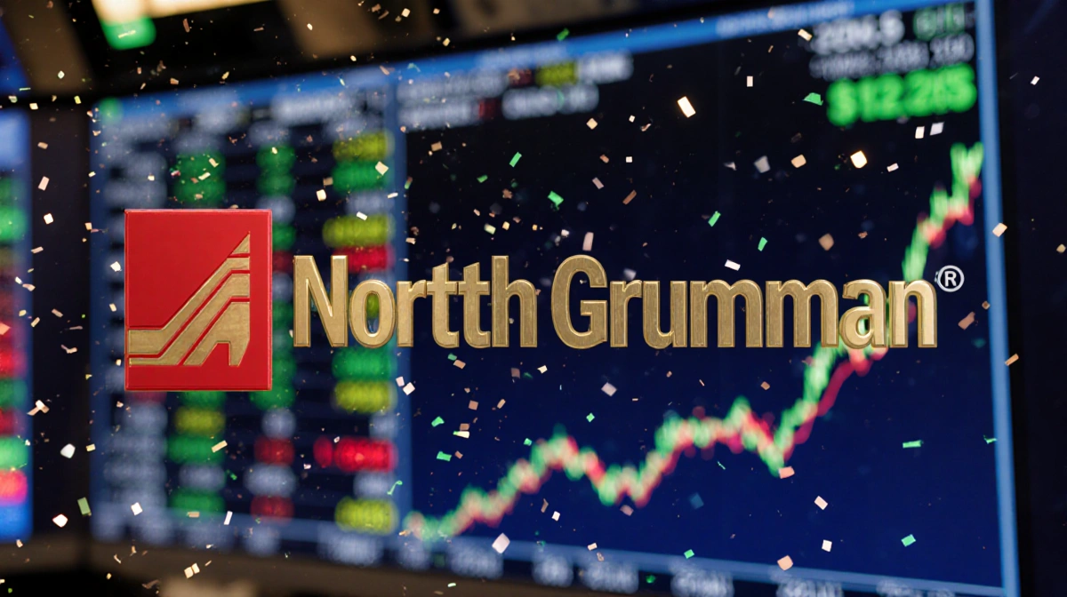 Northrop Grumman logo glows red and gold over dynamic stock market ticker with rising charts showing investment success