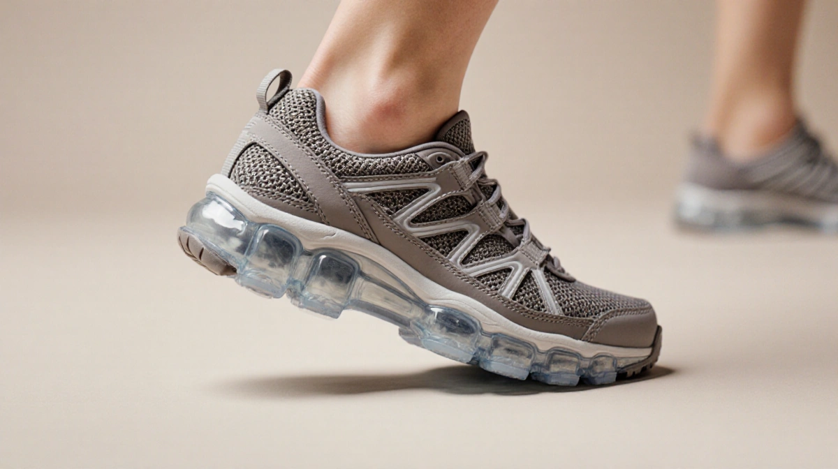 Woman walking in Nortiv 8 shoes with thick cushioned midsole and wide-width mesh design showing flexibility