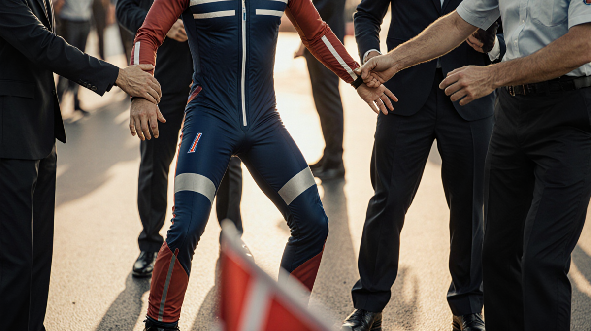 Hands holding up altered suit cheating attempt with Norwegian ski jumping officials reacting and a red flag nearby