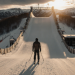 Lone skier standing on snowy ski jump with warm golden dusk light and wooden fences.