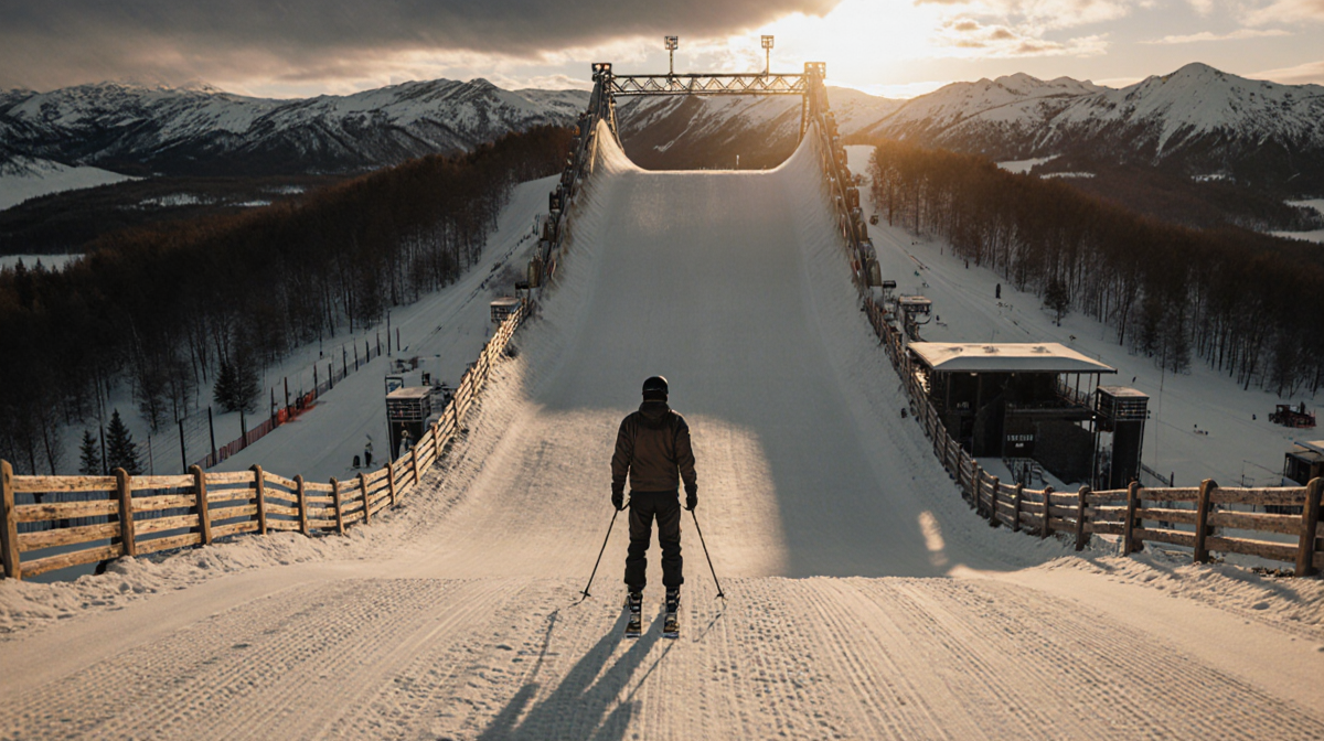 Lone skier standing on snowy ski jump with warm golden dusk light and wooden fences.