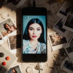 Smartphone glows on cluttered desk with Polaroids and retro gaming controllers showing 2016 selfie with matte lipstick