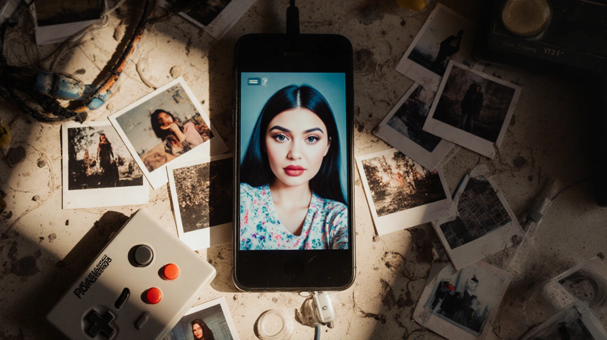 Smartphone glows on cluttered desk with Polaroids and retro gaming controllers showing 2016 selfie with matte lipstick