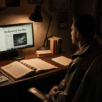Baseball cards spread on wooden desk with old books and leather jacket hanging nearby