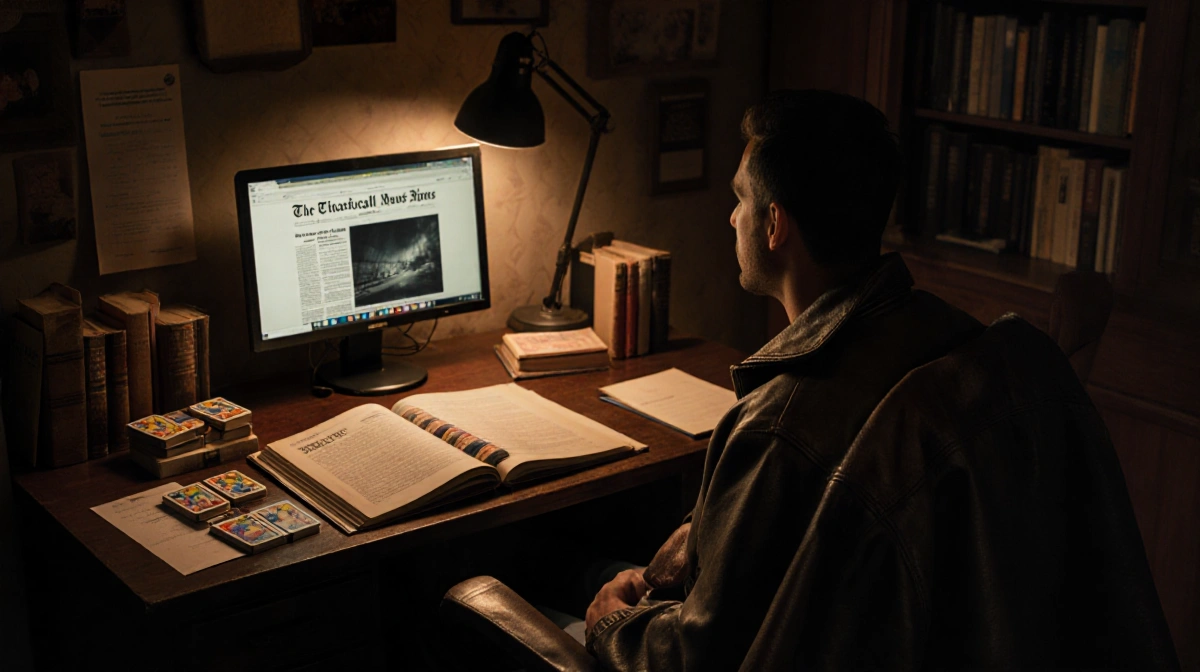 Baseball cards spread on wooden desk with old books and leather jacket hanging nearby