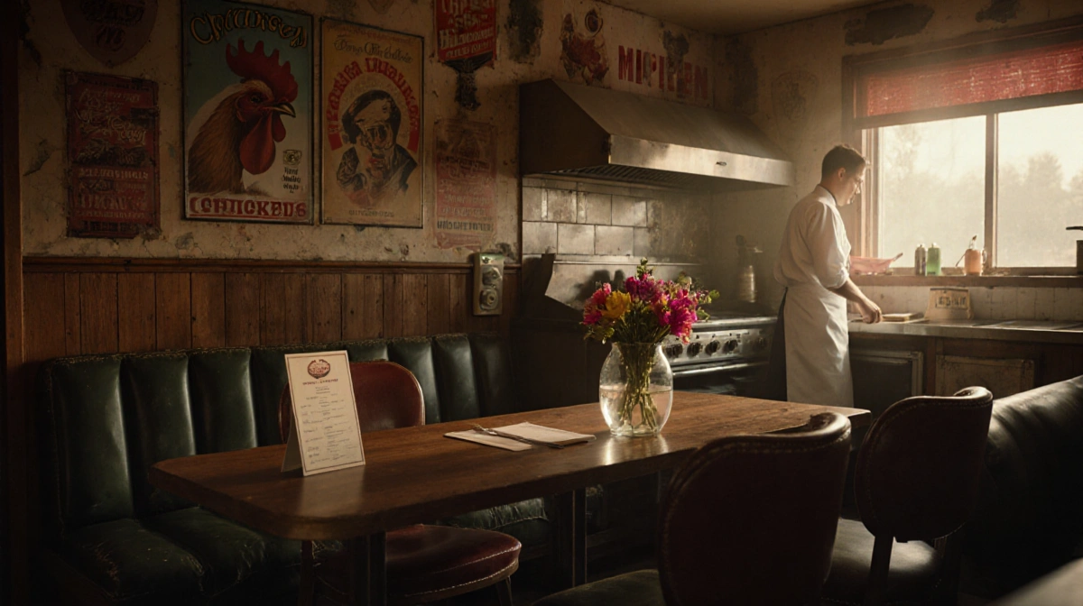Chef stands at vintage grill with worn wooden booths and faded restaurant signs showing nostalgic charm