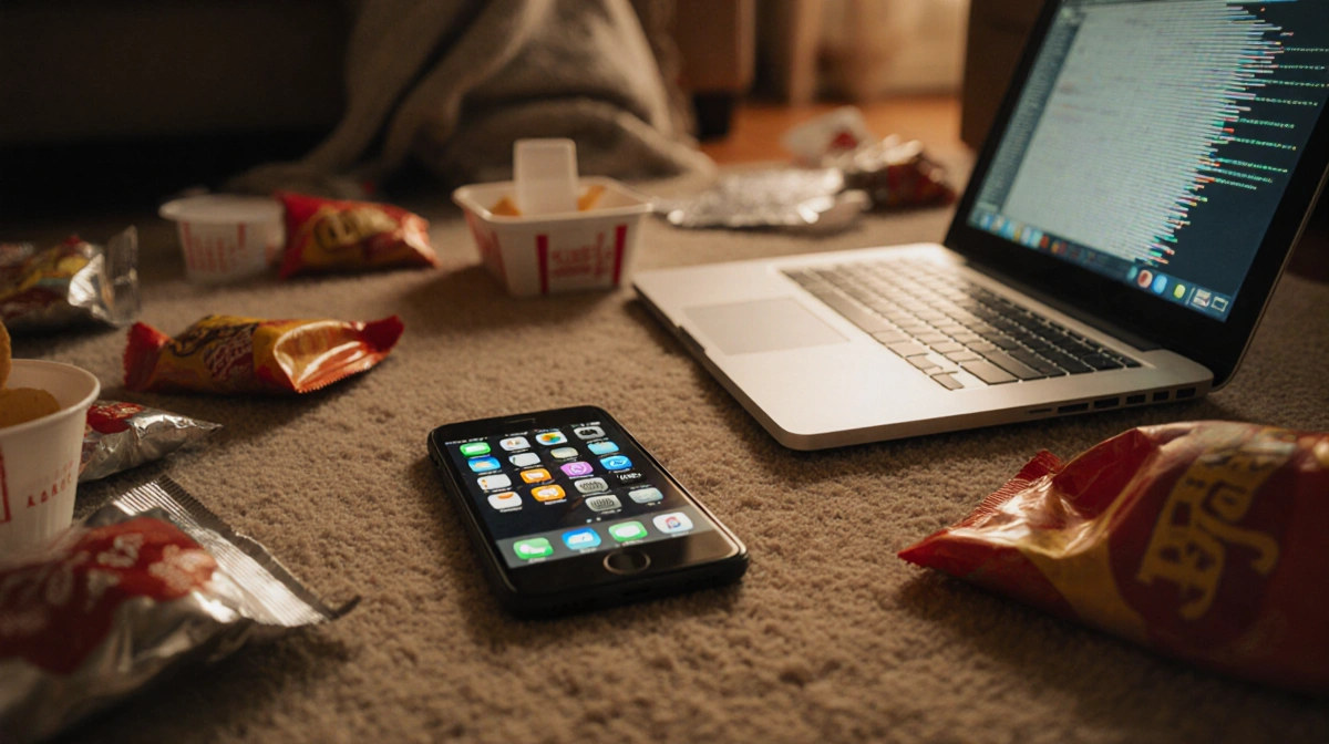 Smartphone and laptop sit on cluttered floor with empty snack containers showing nostalgic living room scene