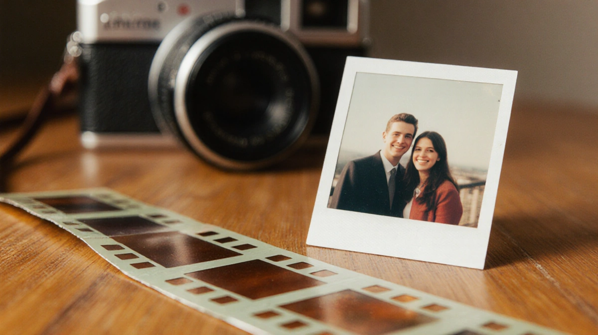 A faded Polaroid camera rests on a wooden desk with Hilton and Park's engagement photo showing their early 2000s love story