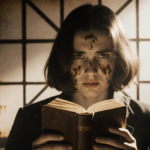 Person seated holding leather‑bound book with golden glow and retro 5x5 grid behind.