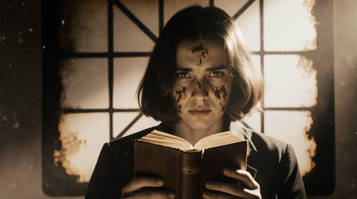 Person seated holding leather‑bound book with golden glow and retro 5x5 grid behind.