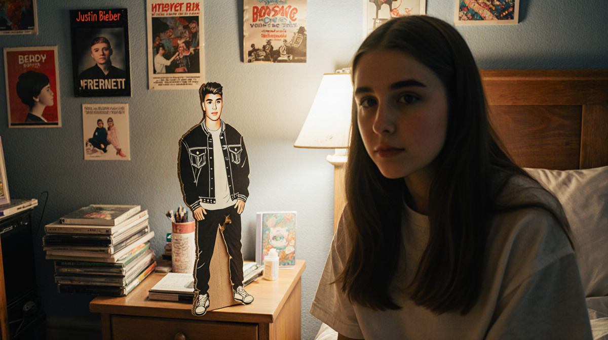 Teenage girl sits in bedroom with 90s decor and a torn cardboard cutout of a pop star on her bedside table